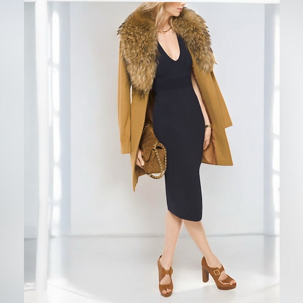 New! MICHAEL Michael Kors Raccoon Real Fur Cashmere Wool Coat Size 8